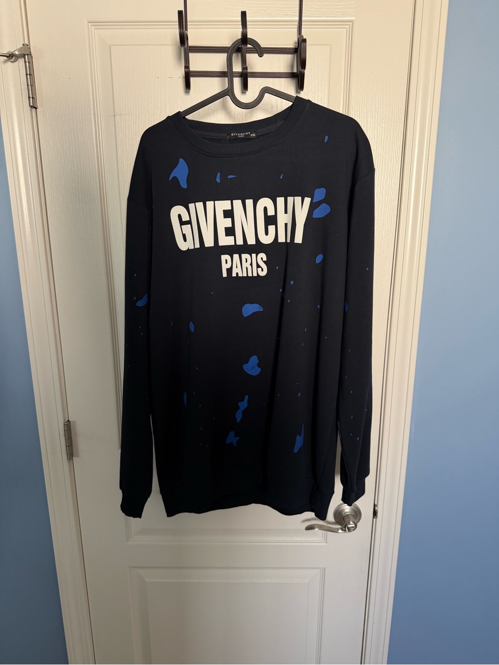 Givenchy Black Crewneck Sweater with Blue Paint Splatter
